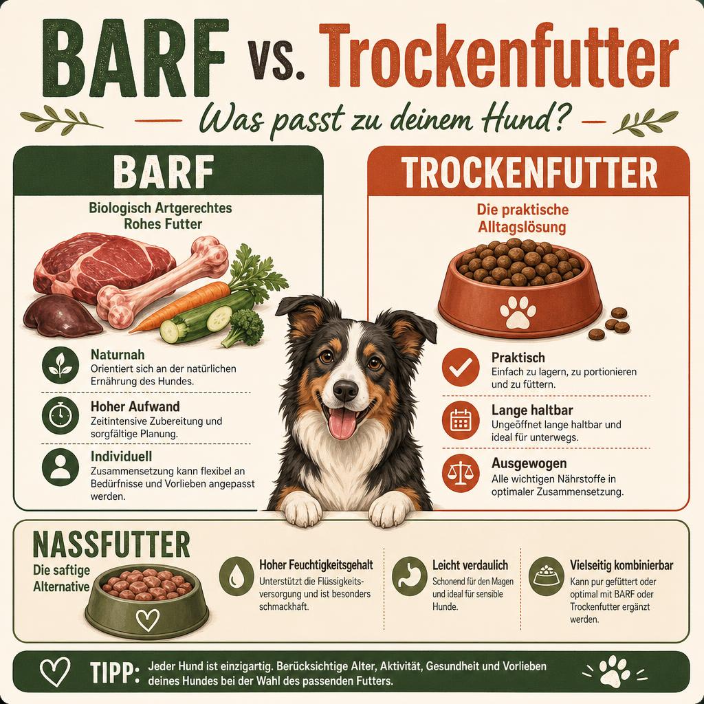 Infografik BARF vs. Trockenfutter: Vergleich der Fütterungsarten mit Vor- und Nachteilen