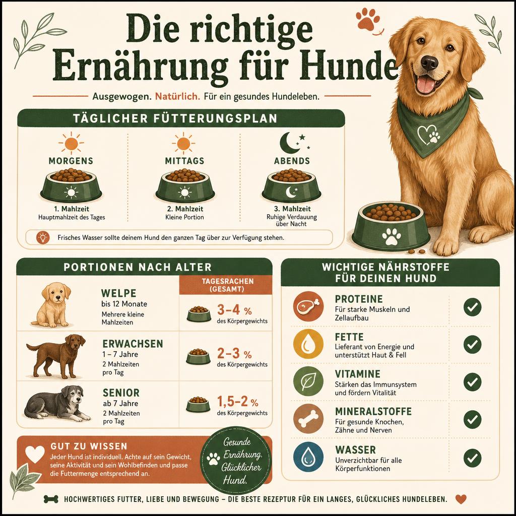 Die richtige Ernährung für Hunde – Infografik | Pfotenmahl Infografik: Die richtige Ernährung für Hunde – täglicher Fütterungsplan, Portionsgrößen nach Alter und wichtige Nährstoffe