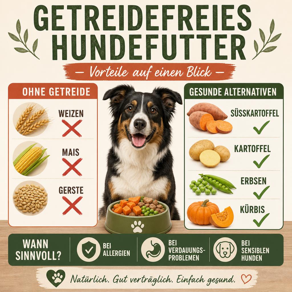 Infografik getreidefreies Hundefutter: Weizen, Mais und Gerste werden ersetzt durch Süßkartoffel, Kartoffel, Erbsen und Kürbis