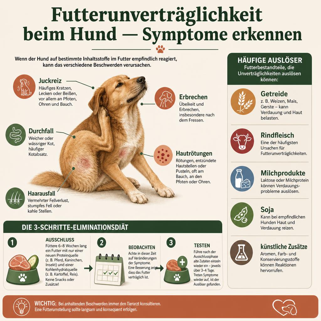 Futterunverträglichkeit beim Hund: Symptome erkennen & richtig handeln – Infografik | Pfotenmahl Infografik Futterunverträglichkeit beim Hund: Symptome wie Juckreiz, Durchfall, Erbrechen, Hautrötungen und Haarausfall sowie häufige Auslöser
